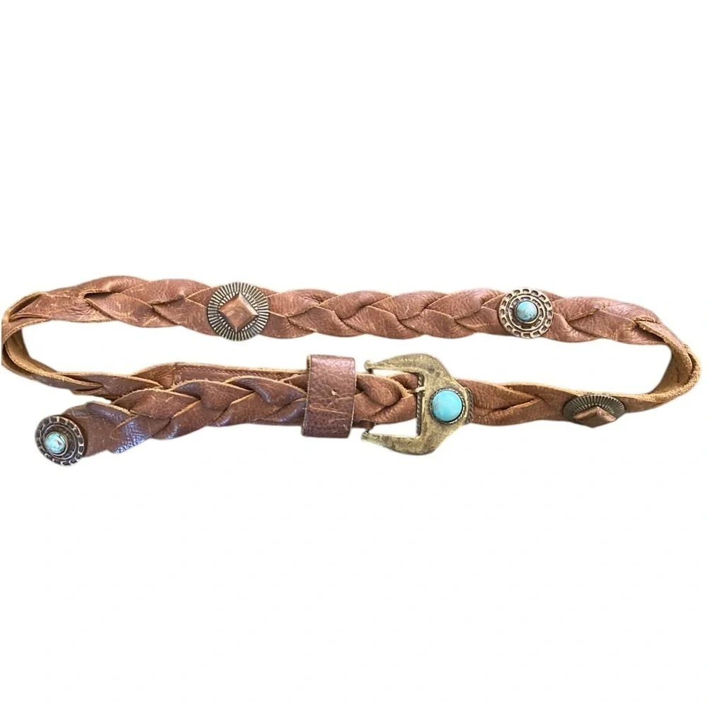 Vintage Y2K BEBE Brown Braided Leather Studded Faux Turquoise Southwest Belt M/L